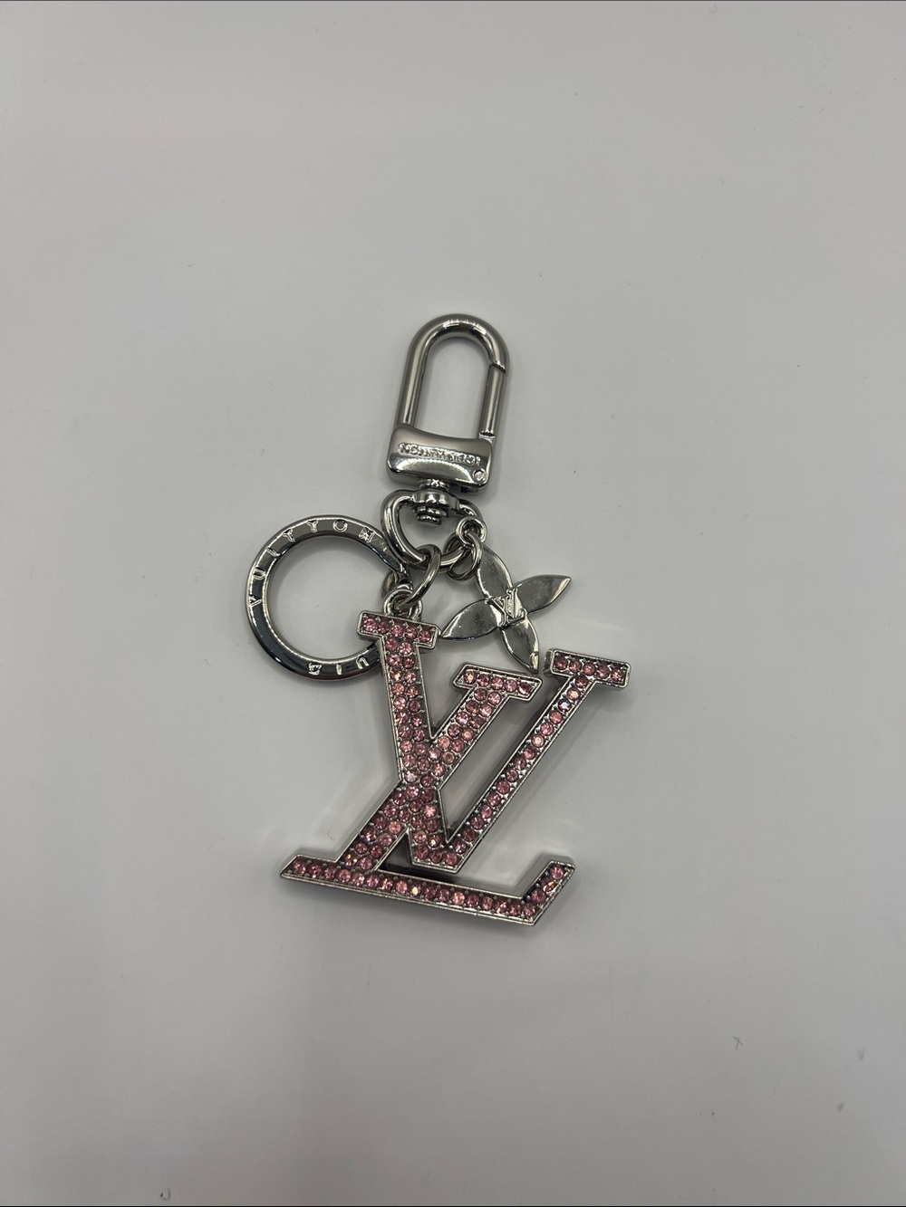 1416. Pink Crystal Key Chain or Bag Charm with Stamped Silver Hardware